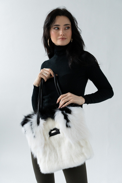 Biało-Czarna torebka z naturalnego futra norki i lisa